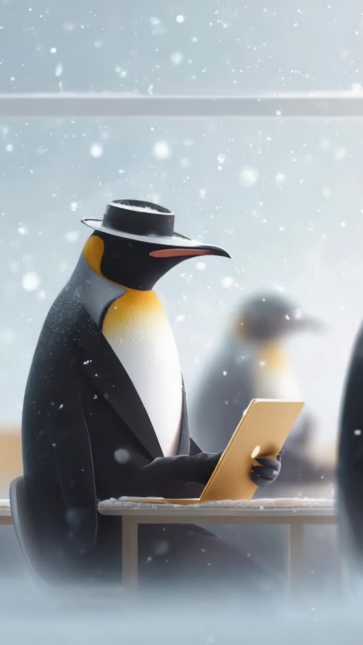 A dapper penguin dressed in a suit and hat sits at a table, engrossed in reading a tablet while surrounded by a snowy, whimsical winter setting