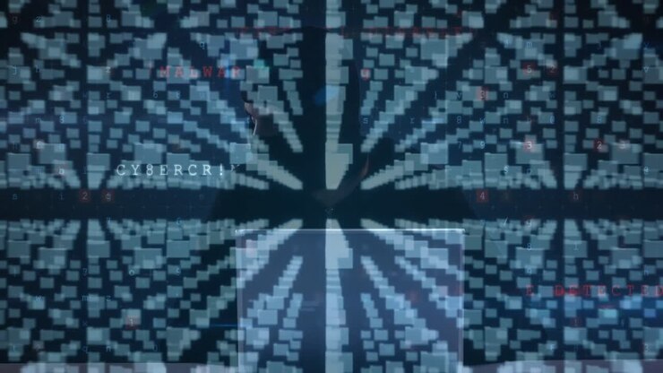 Animation of multiple computer screens, online security padlock over hacker using computer