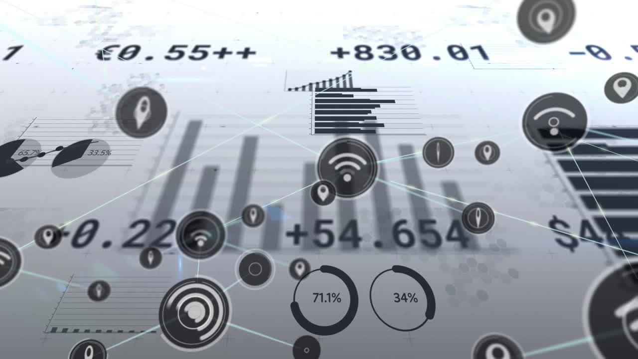 Animation of stock exchange financial data processing with digital icons
