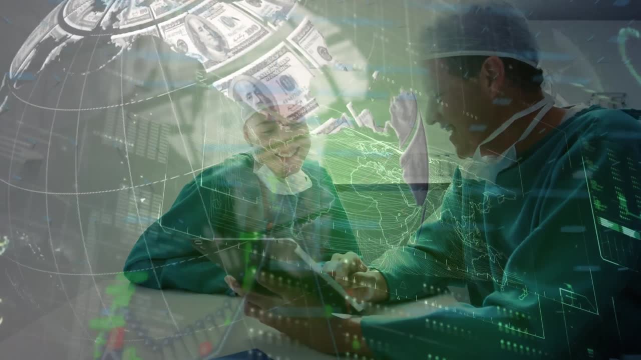 병원에서 디지털 태블릿을 사용하는 남성과 여성 외과 의사에 대해 회전하는 미국 달러의 세계