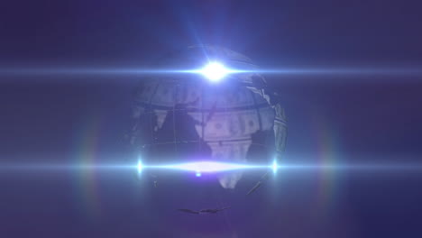 animation of rotating globe of dollar bills and moving lights over dark background