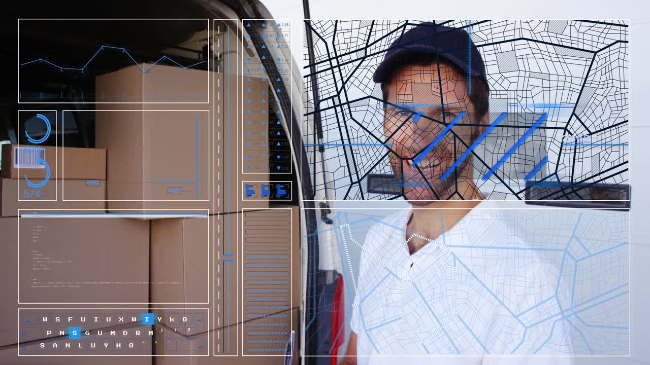 Delivery worker opening van door, verifying parcels while HUD map over clipboard tracking boxes