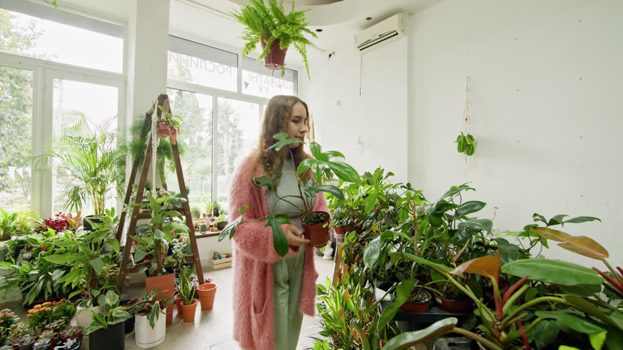 Woman browsing plants in a trendy plant shop