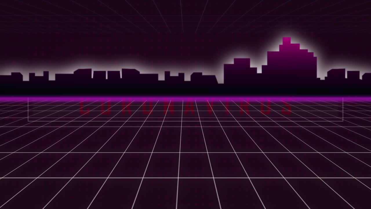 Animation of grid pattern and 3d model of modern buildings against lights on abstract background