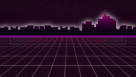 animación del patrón de cuadrícula y modelo 3d de edificios modernos contra luces en un fondo abstracto