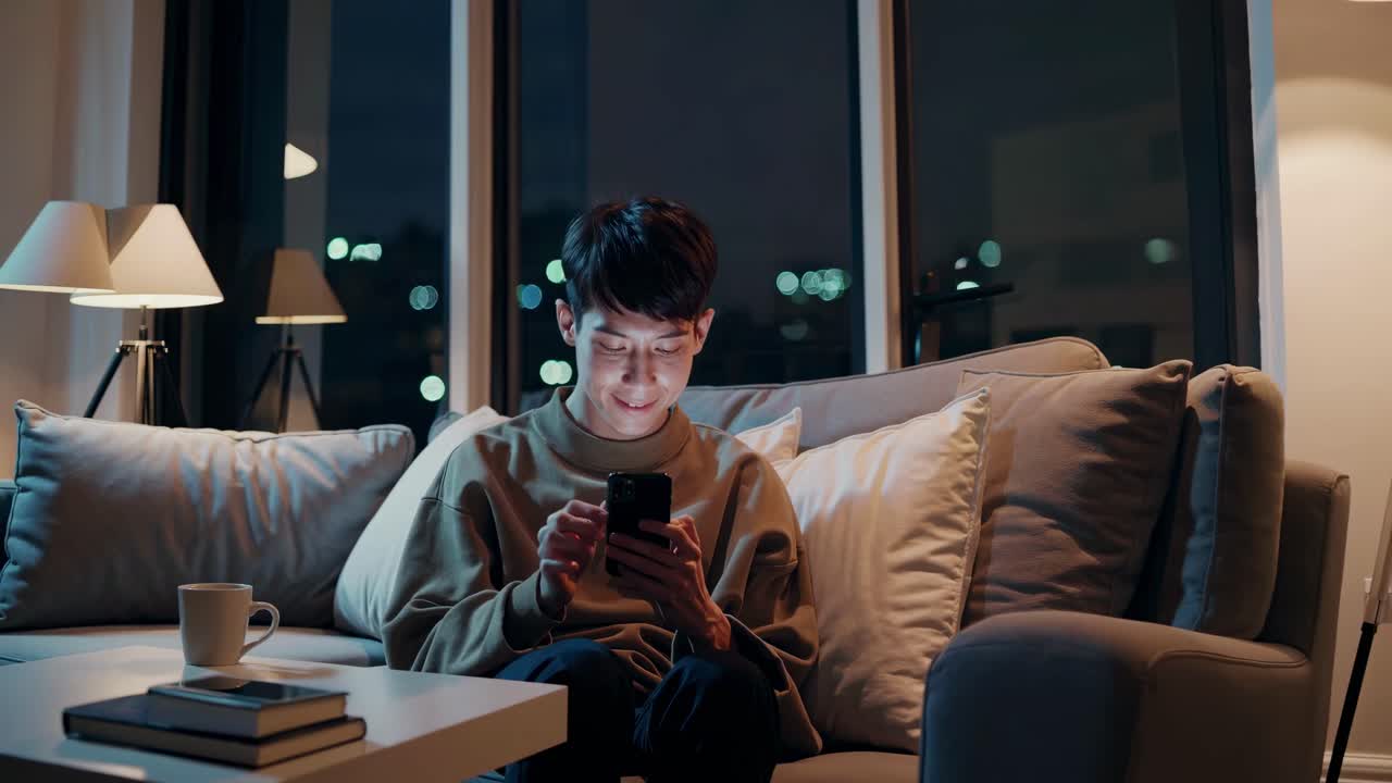 A cozy evening scene with a man on a sofa, smiling at his phone. The video captures a warm, intimate