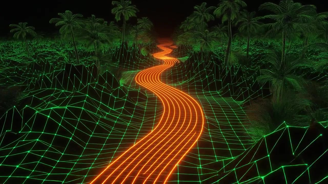 Retro Synthwave Landscape with Glowing Orange Road and Palm Trees
