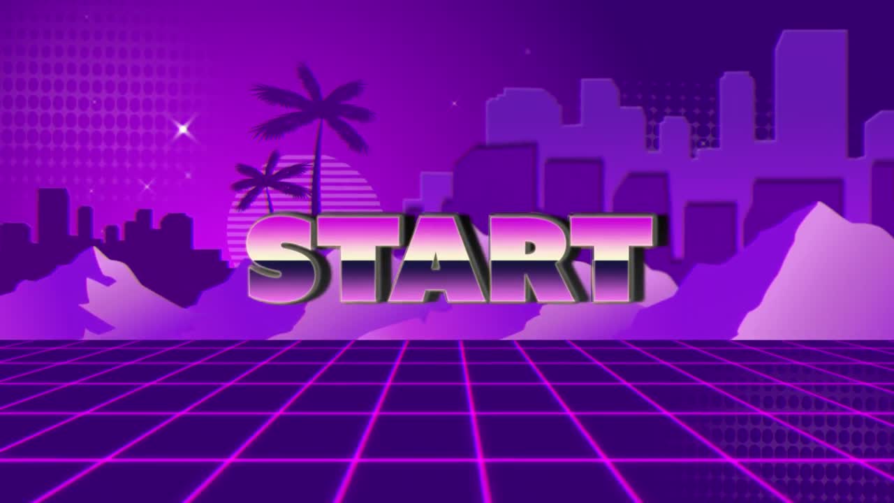 animación pantalla de videojuegos vintage con palabra metálica comienzo escrito