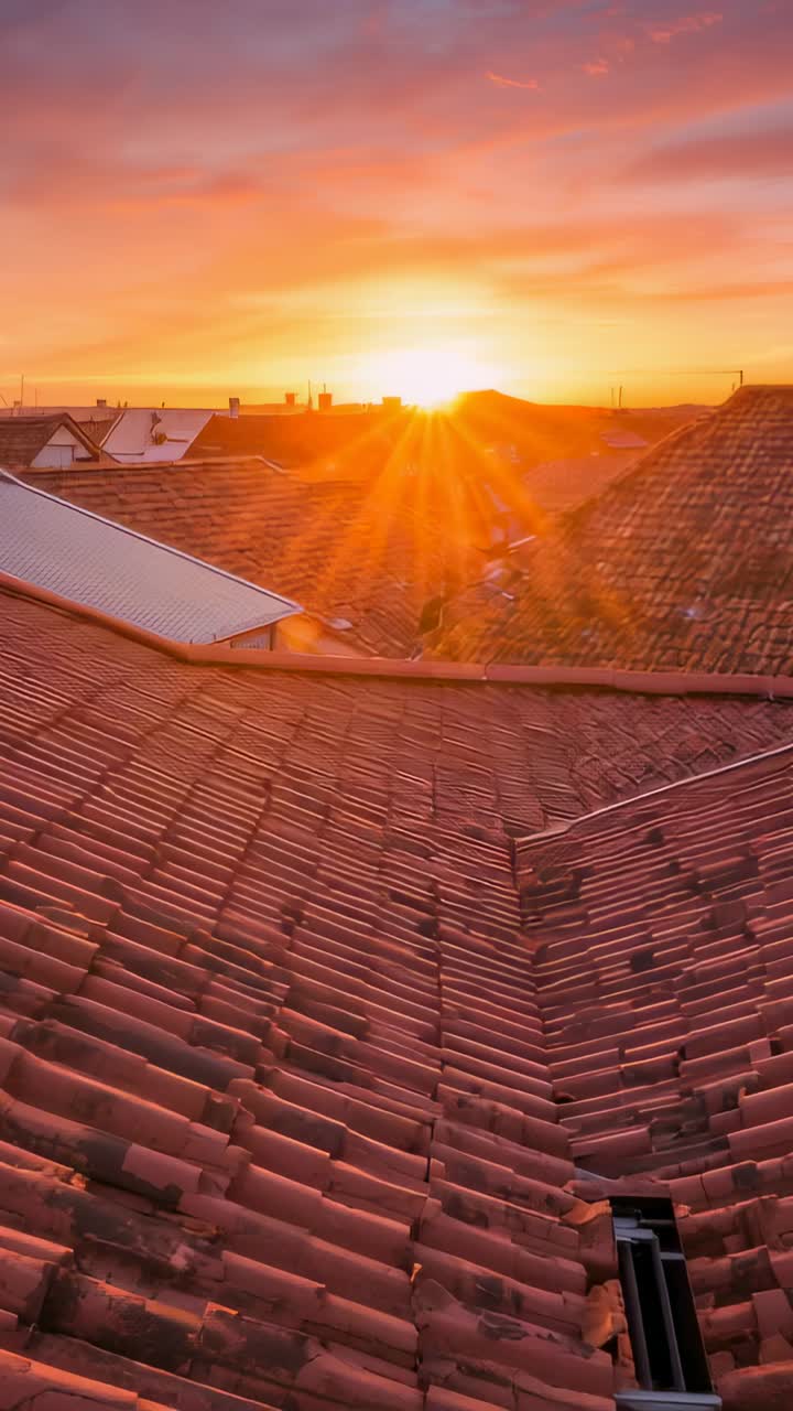 Vertical video: Bathing sun rising, lighting roof tiles and revealing metal panel and warmth