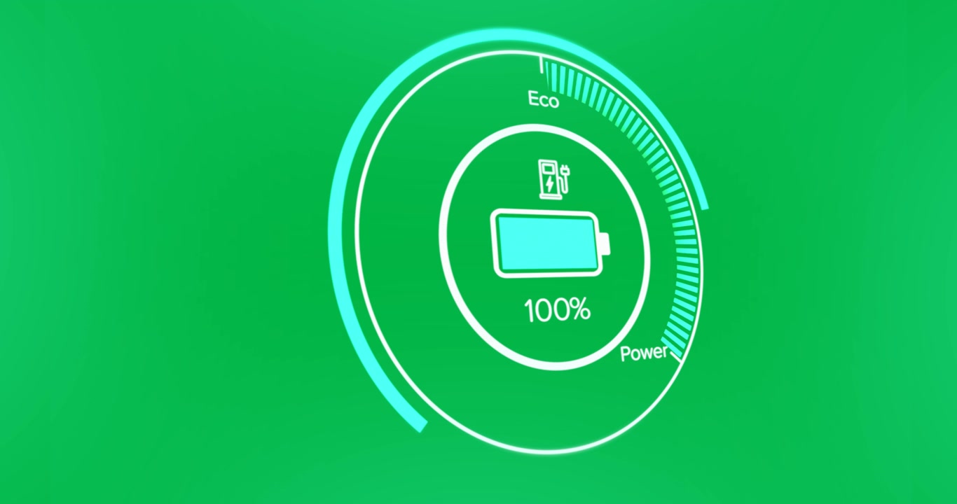 Animazione di un'interfaccia con icona di batteria in carica su sfondo blu.