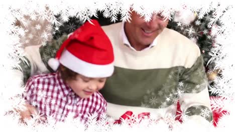 Christmas-snowflake-border-with-father-and-son-giving-gifts