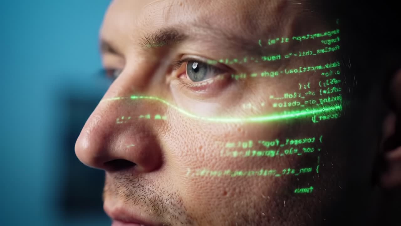Exploring the Fusion of Technology and Humanity: A Close-Up of Facial Features Interlaced with Digital Code Illustrating the Intersection of Man and Machine