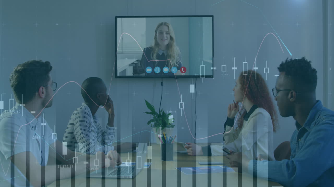 사무실에서 회의를 가진 사업가들에 대한 통계 및 금융 데이터 처리의 활성화