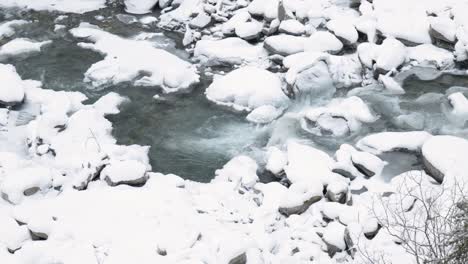 Pequeña-Corriente-De-Agua-Que-Fluye-A-Través-De-Rocas-Cubiertas-De-Nieve