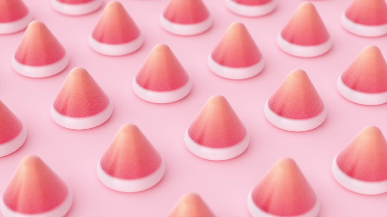 Raw of red cone-shaped sweets in line. 3d render loop