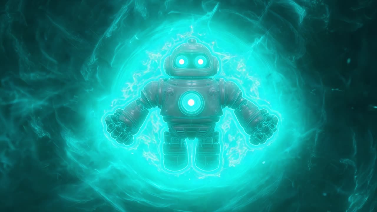 An Enigmatic Mechanical Being Surrounded by a Mystical Azure Emission, This Floating Robot Embodies a Fusion of Technology and Imagination, Captivating Viewers with Its Radiant Glow and Intriguing Features