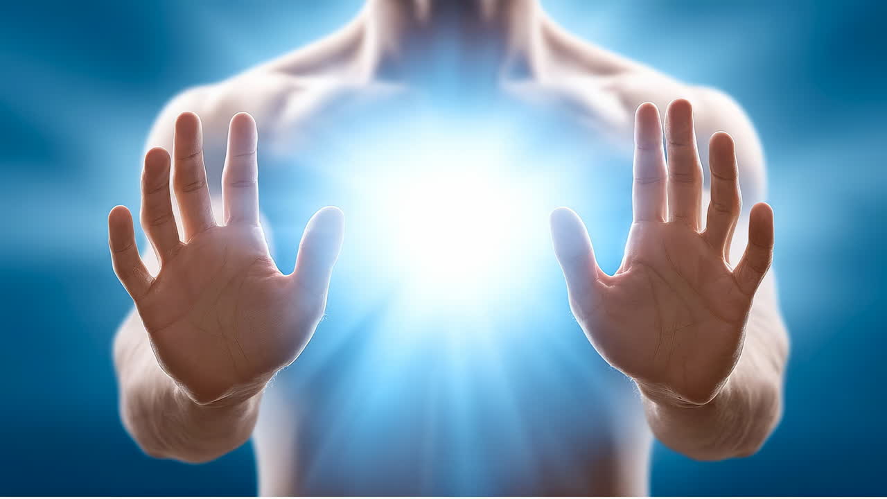 Glowing hands in a mystic scene. A person stands with both hands raised, releasing a bright light from the chest area, creating a magical atmosphere