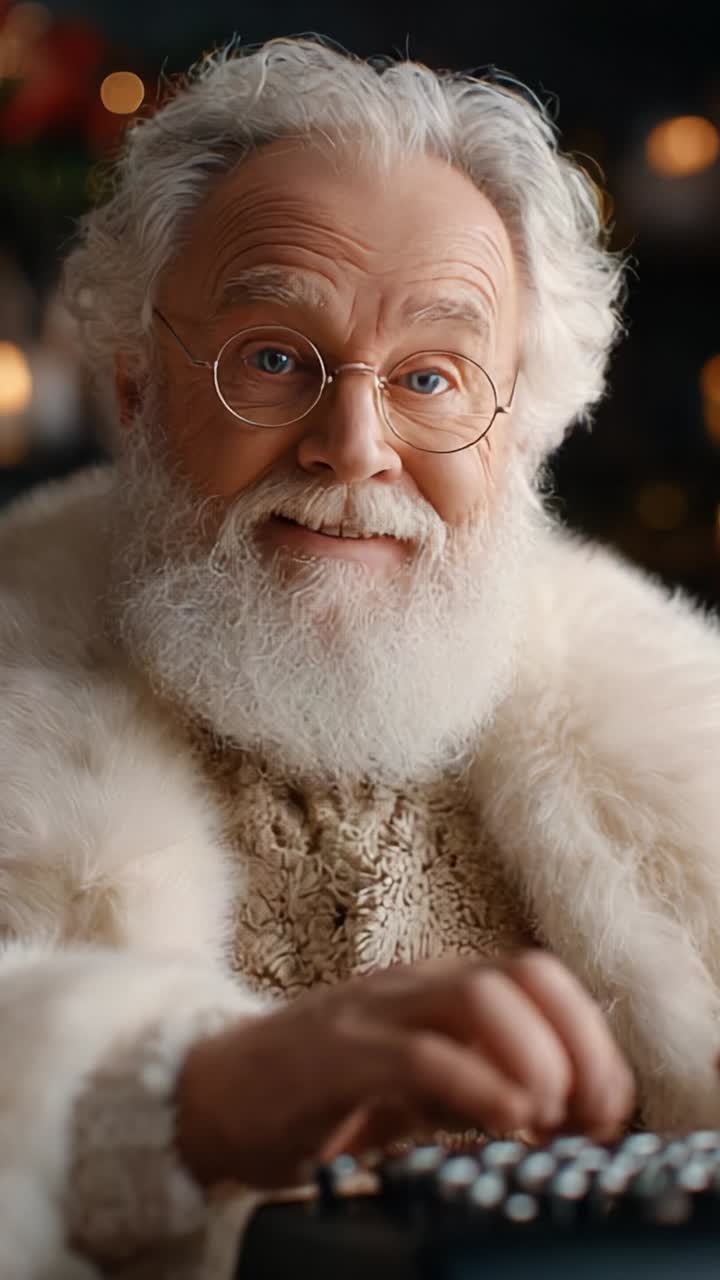 A Joyful Figure in Festive Attire: A Close-Up of a Grinning Elderly Man with a Beard and Glasses, Smiling Happily and Engaging with a Typewriter in a Cozy Atmosphere