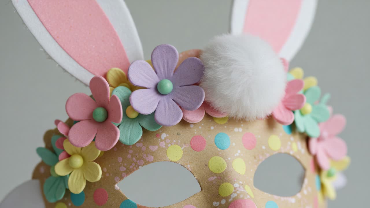 A Colorful, Floral Bunny-Themed Mask Decorated with Pastel Flowers and Adorned with Whimsical Features for Festive Celebrations