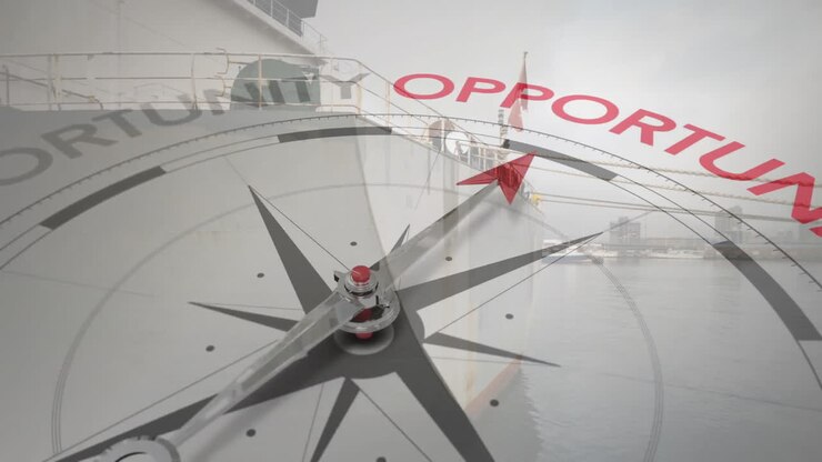 Compass pointing to OPPORTUNITY animation over docked ship in harbor