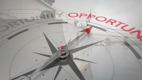 compass pointing to opportunity animation over docked ship in harbor