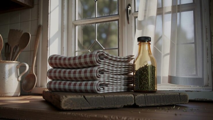 Moving camera panning kitchen still life by window draft stirring curtain, amber jar