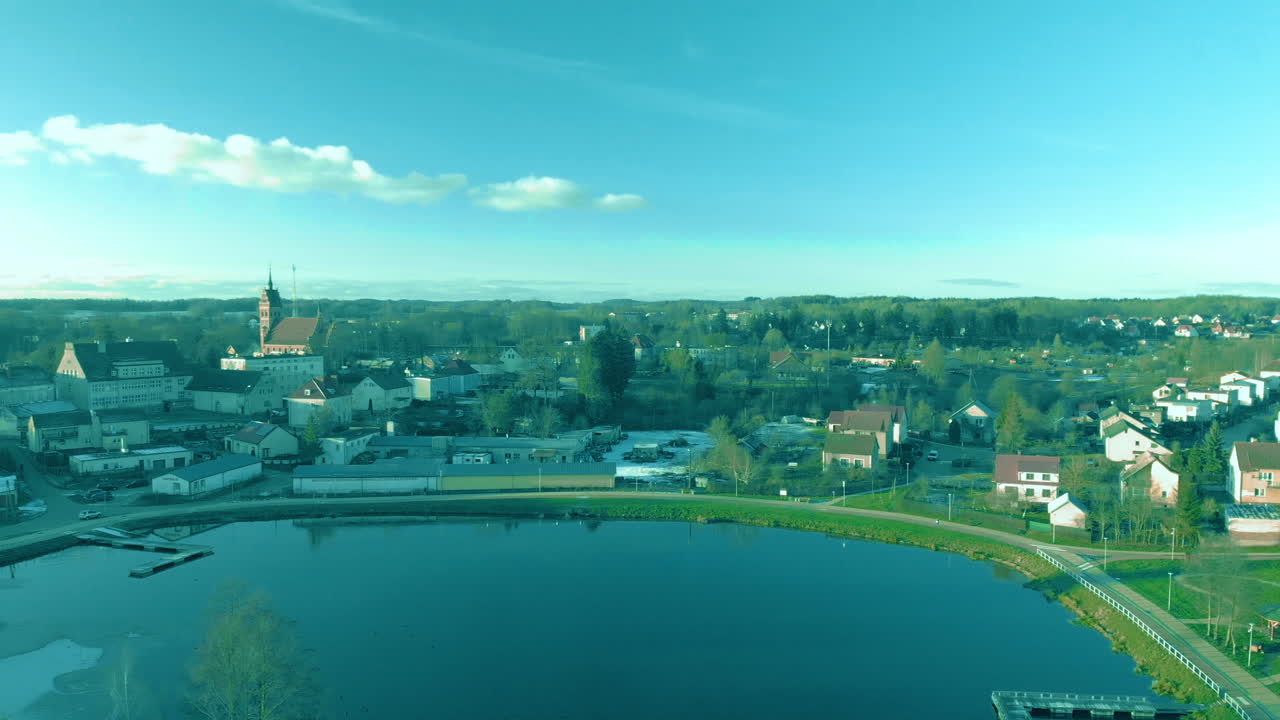 Calm water and clear blue sky with smal clouds, Quiet flight over Pond Garncarski - Gorowo Ilaweckie,