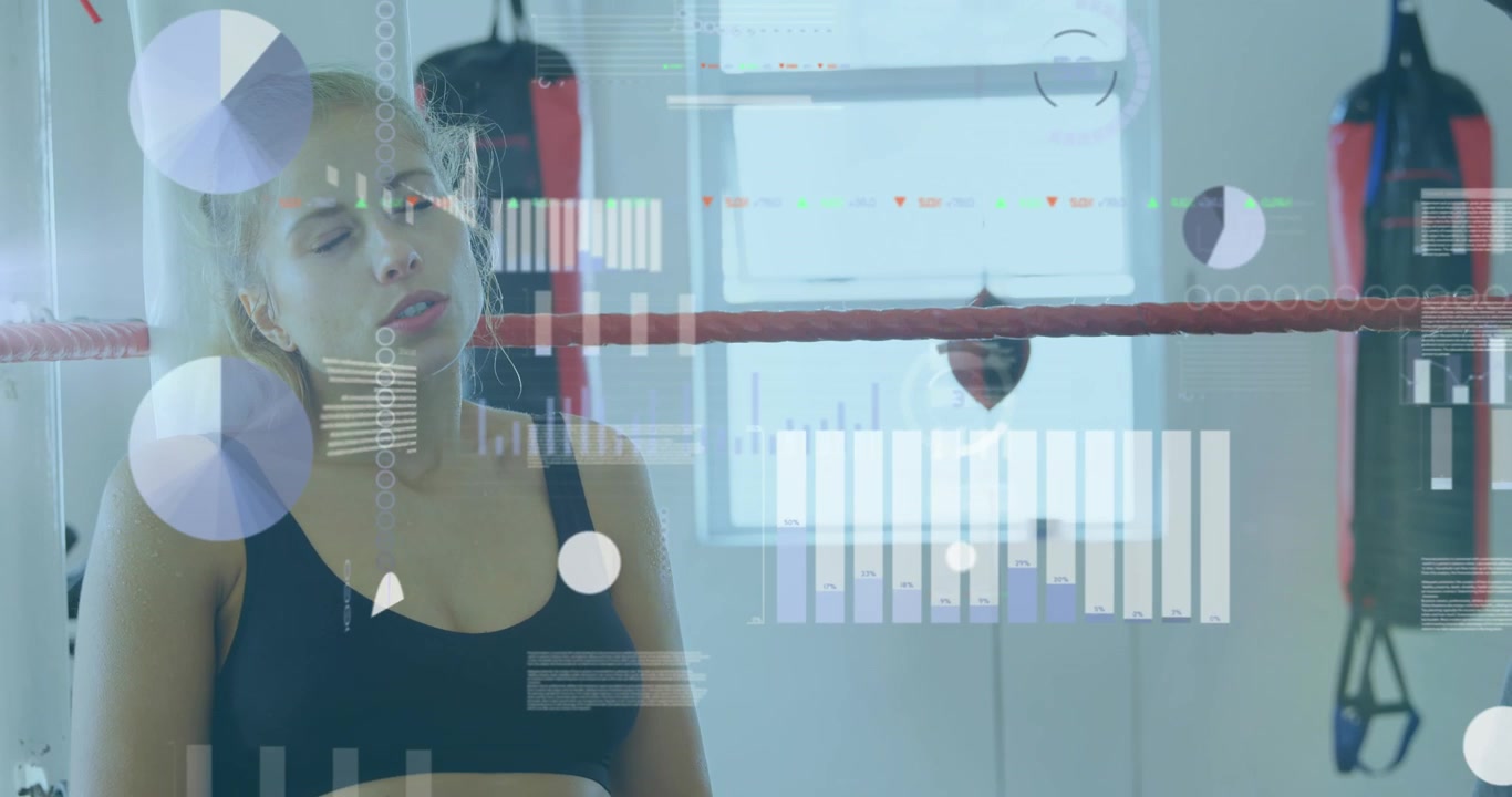 Animation of data processing over diverse people at gym