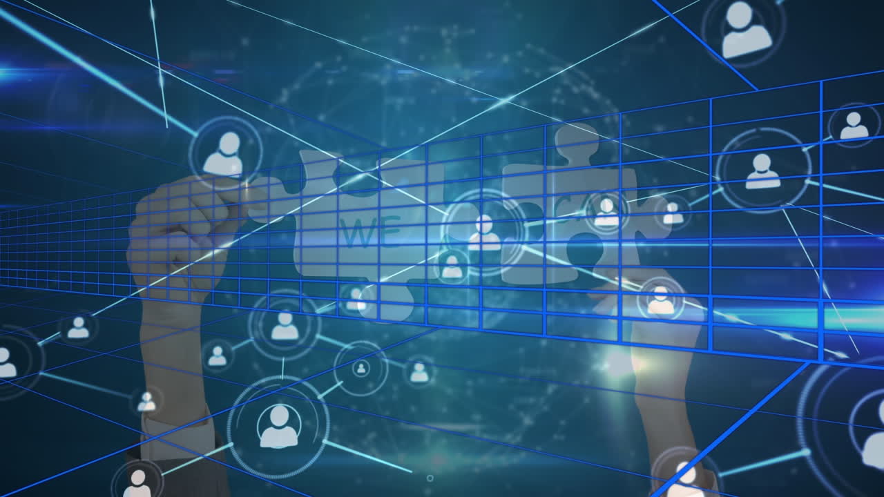 어두운 배경 위에 연결 네트워크와 손의 애니메이션