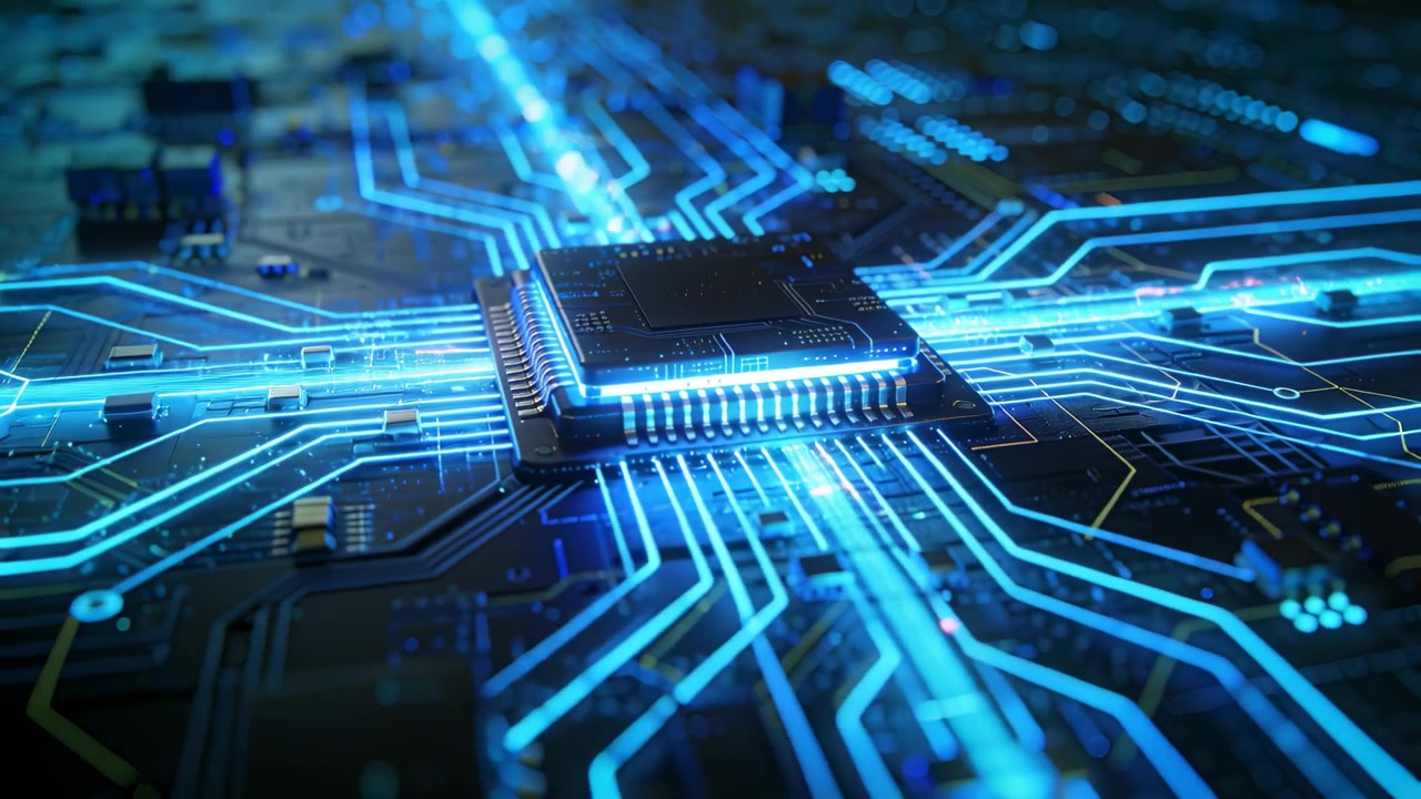 Starting blue beam striking central processor PCB, lighting pulsing traces and powering data flow