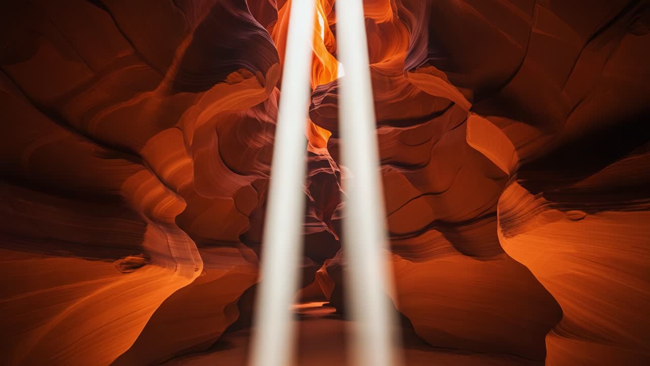 Raggi di luce mistici che illuminano le maestose pareti di uno splendido canyon a fessura, mettendo in mostra la bellezza naturale delle formazioni rocciose erose in calde tonalità della terra