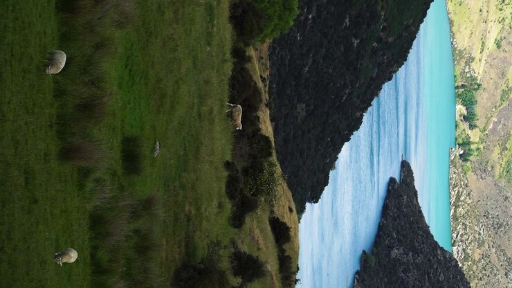 Vertical shot of few ships grazing in the grass close to river in Cromwell, New Zealand