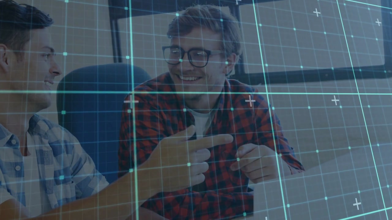Right man pointing at laptop, starting business meeting while left man gesturing under blue grid