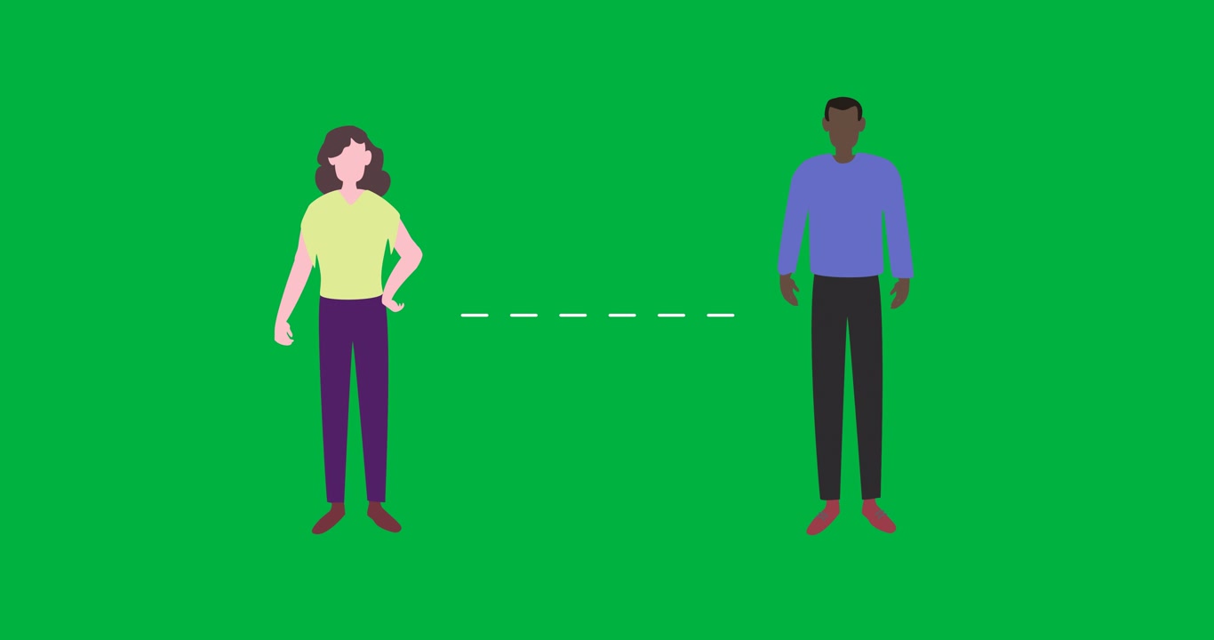 Animation of two people wearing face masks and a distance between them On green background