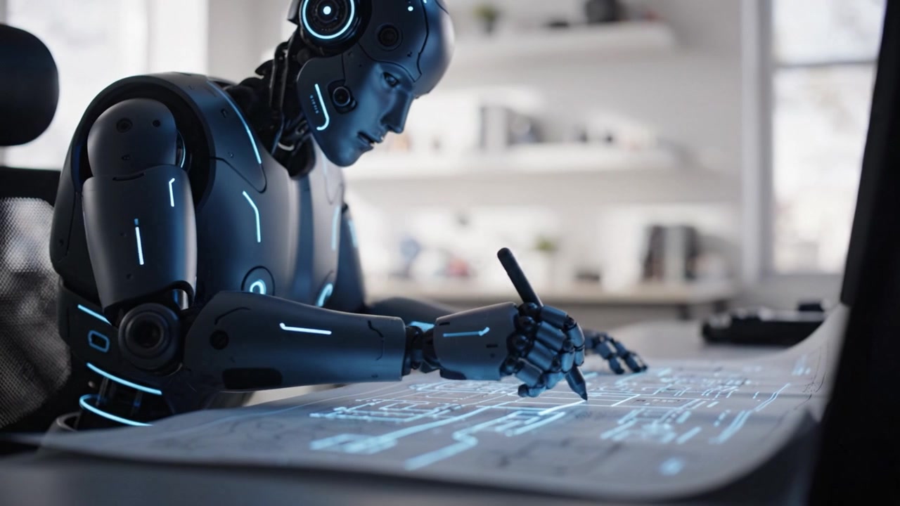 A futuristic robotic figure diligently sketches intricate blueprints on a digital tablet, showcasing advanced technology and AI integration in design and creativity.
