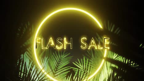 animation of flash sale over neon shape and leaves on black background