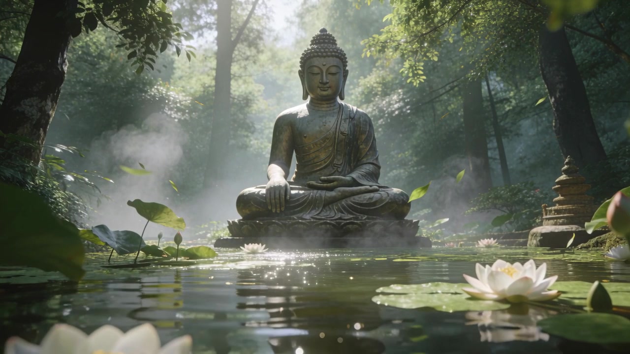 Una leggera brezza spinge foglie e petali attraverso le ninfee e uno stagno di fiori di loto, verso un Buddha seduto in un boschetto.
