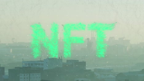 animation of nft text banner against aerial view of cityscape