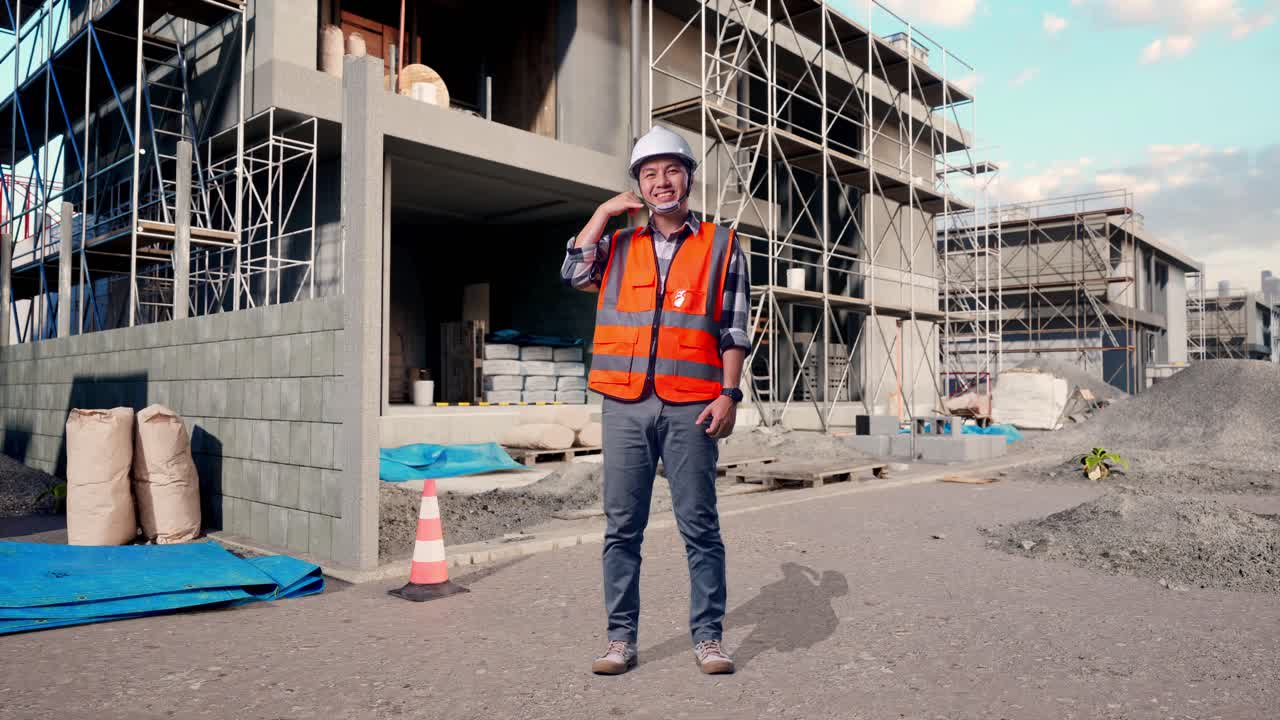 Full Body Of Asian Male Engineer With Safety Helmet Smiling To Camera And Making Call Me Gesture While Standing At Building & Construction Site in Progress to New House