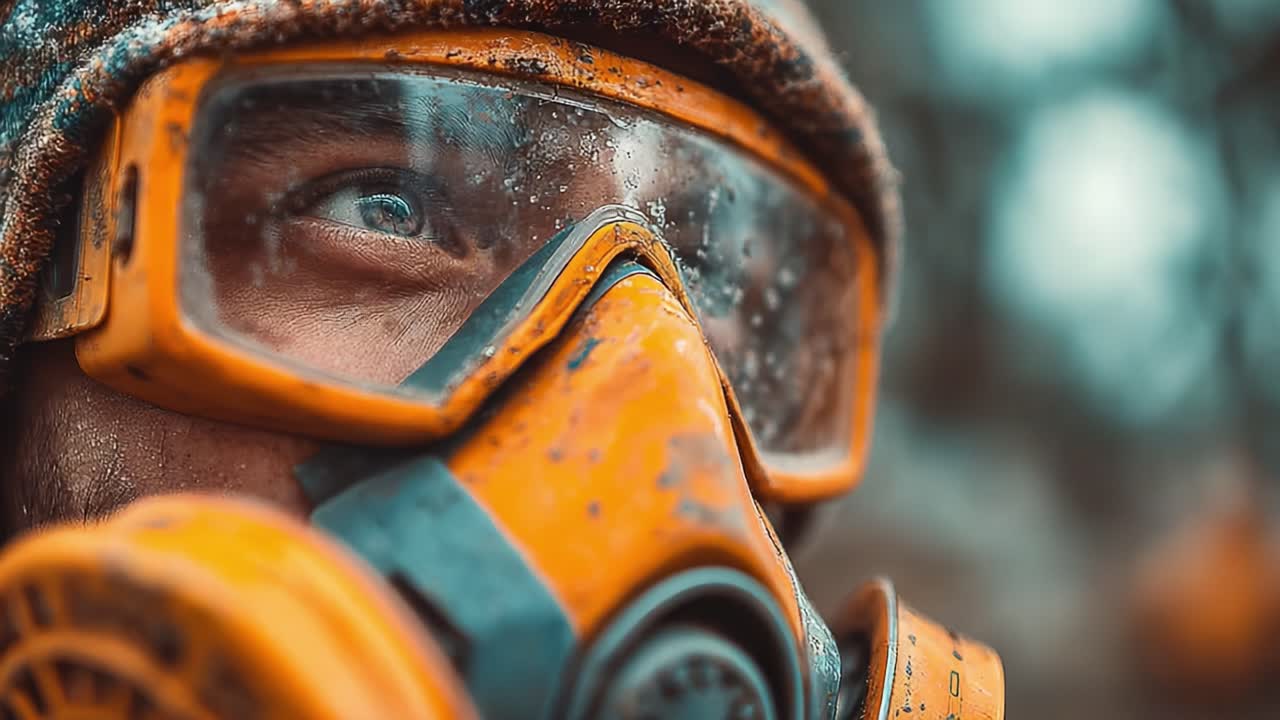 Close-Up of a Person Wearing a Protective Gas Mask with a Focused Expression, Capturing Emotion and Environmental Context in an Uncertain Situation