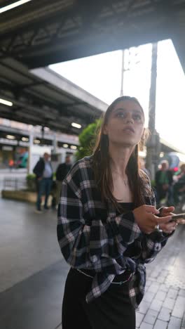 woman using phone at a train station