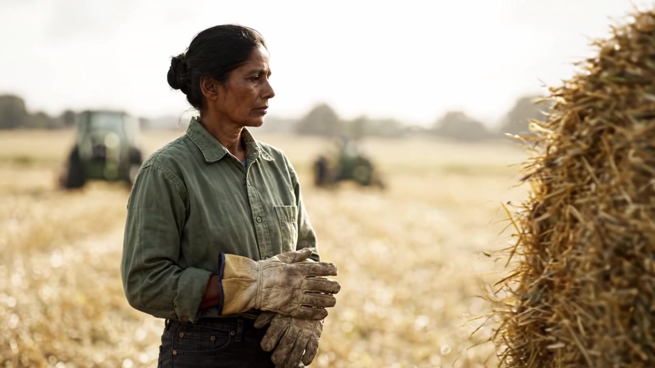 Un Agricoltore Dedicato Riflette sul Prossimo Raccolto, Accanto a una Balla di Paglia in un Campo Soleggiato, Sottolineando Resilienza e Connessione con la Terra