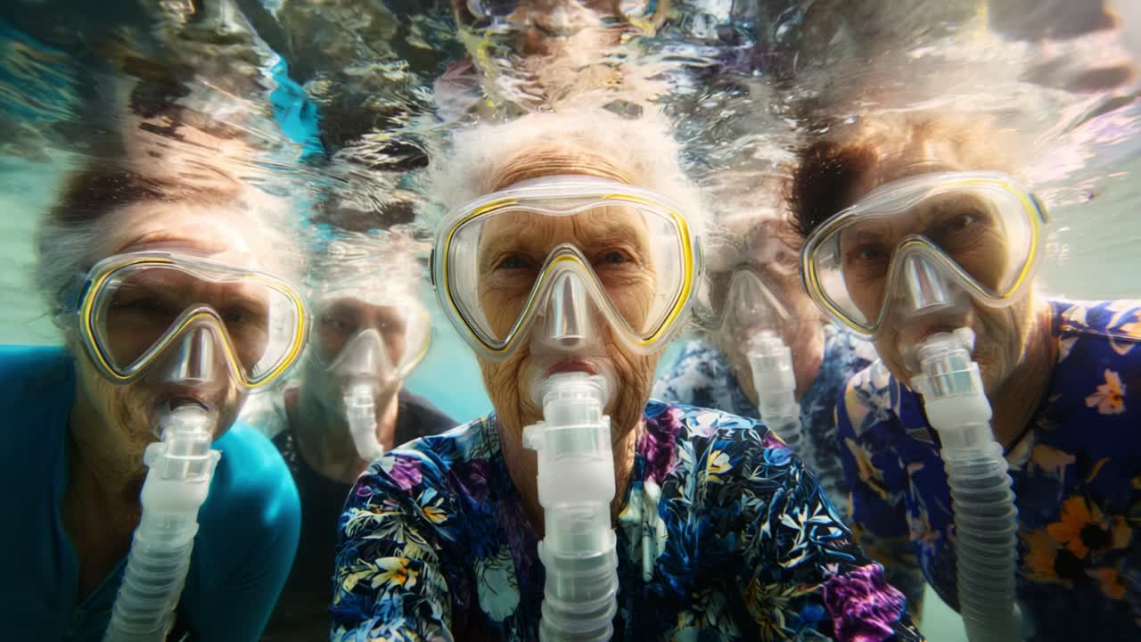 An Engaging Underwater Adventure with Five Senior Divers, Embracing the Joys of Snorkeling and Aquatic Exploration, Captured in a Playful and Colorful Setting Under the Sea
