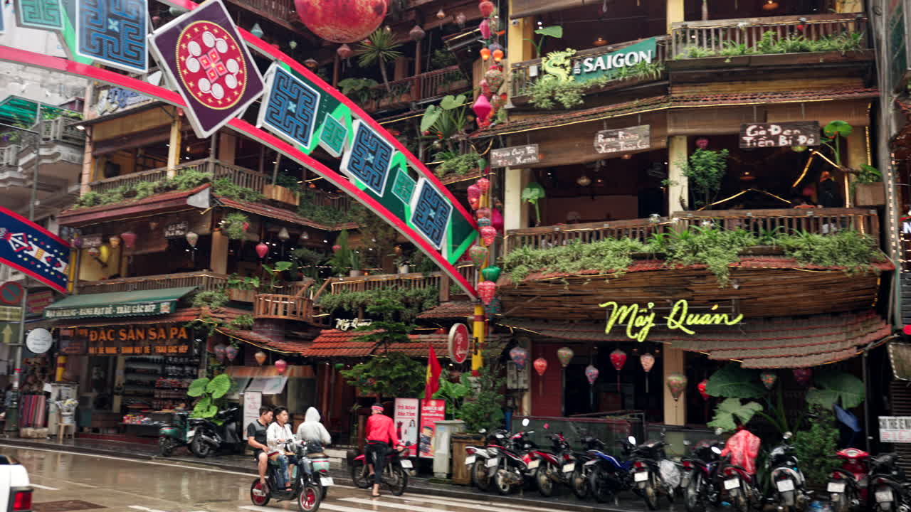 Business building facades, road crossing, scooter ride, passenger, taxis