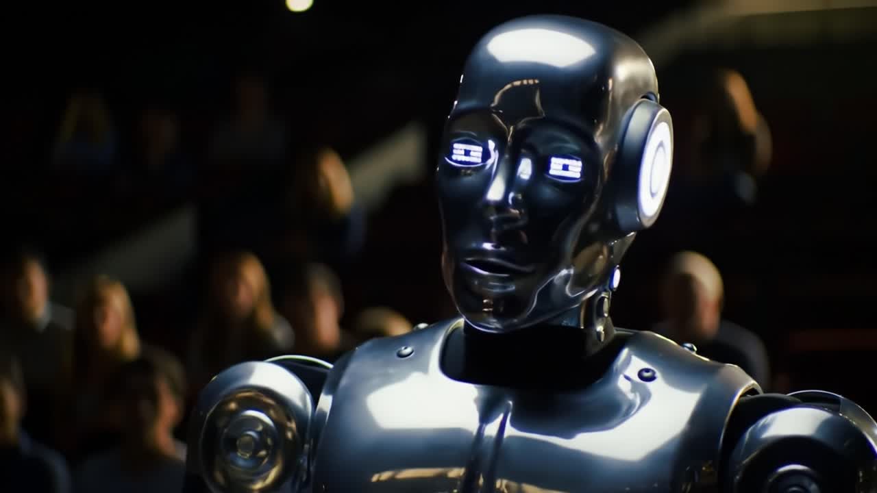 An advanced robot captivates an audience with its interactive display of movement and expression. The event showcases cutting-edge robotics in a lively setting with an eager crowd.
