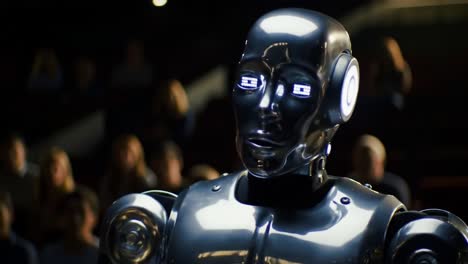 an advanced robot captivates an audience with its interactive display of movement and expression. the event showcases cutting-edge robotics in a lively setting with an eager crowd.