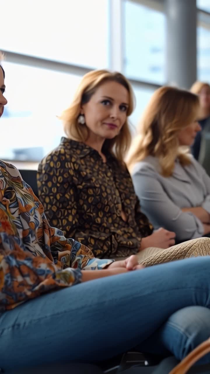 Un grupo de mujeres en una sala de espera, concentradas y contemplativas, mostrando momentos de conexión y anticipación en un entorno sereno y moderno.