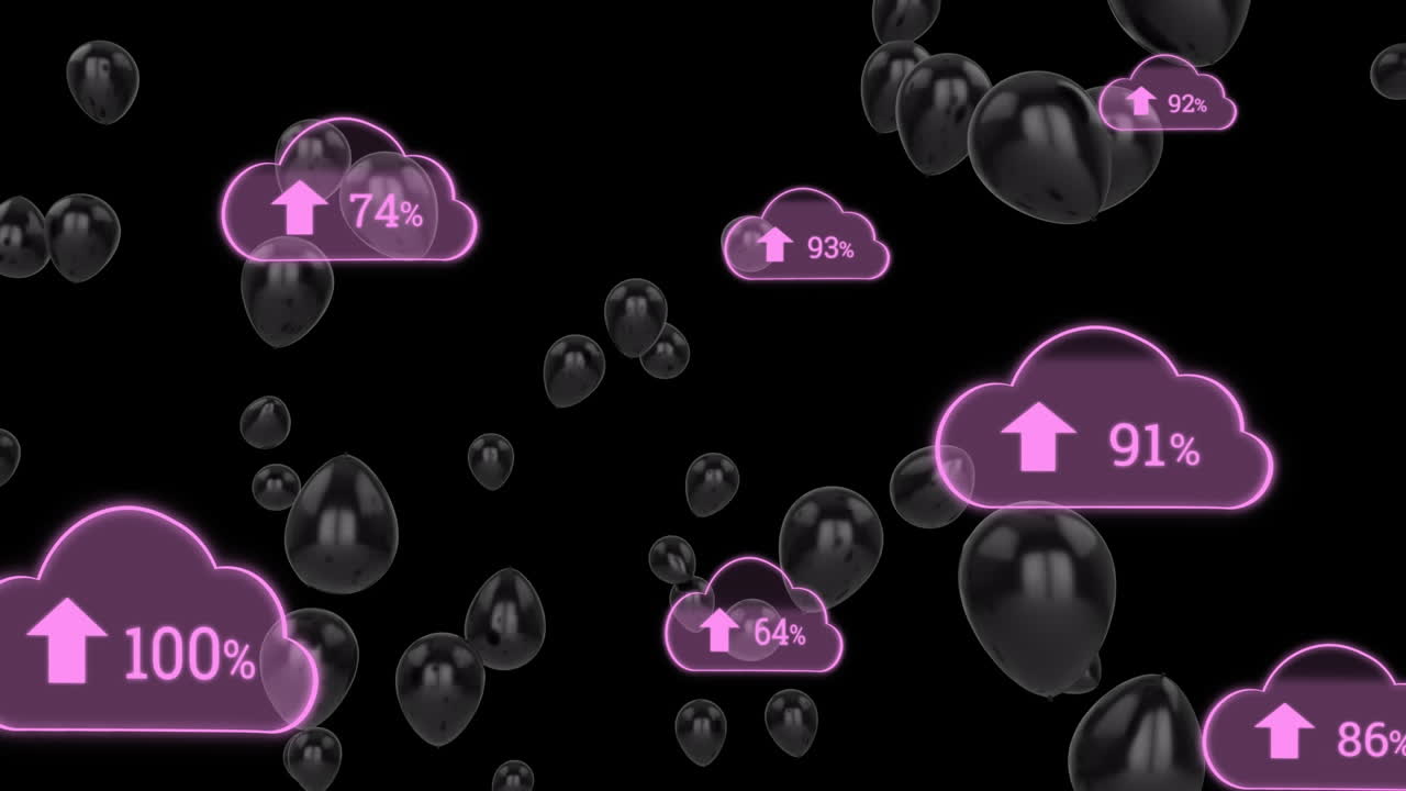 점점 더 많은 비율로 구름 아이콘과 검은 바탕에 떠다니는 풍선의 애니메이션