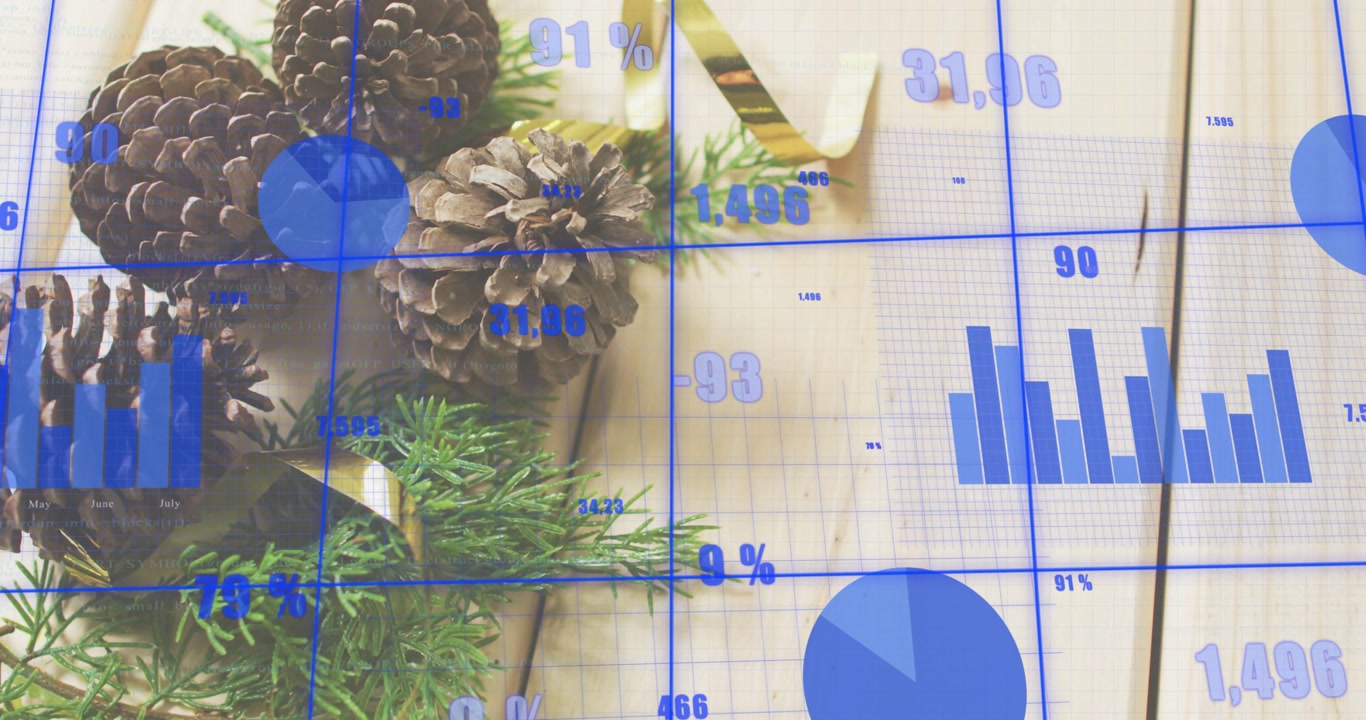 Pine cones and sprigs staying static while blue grid fading in, charts updating showing trends