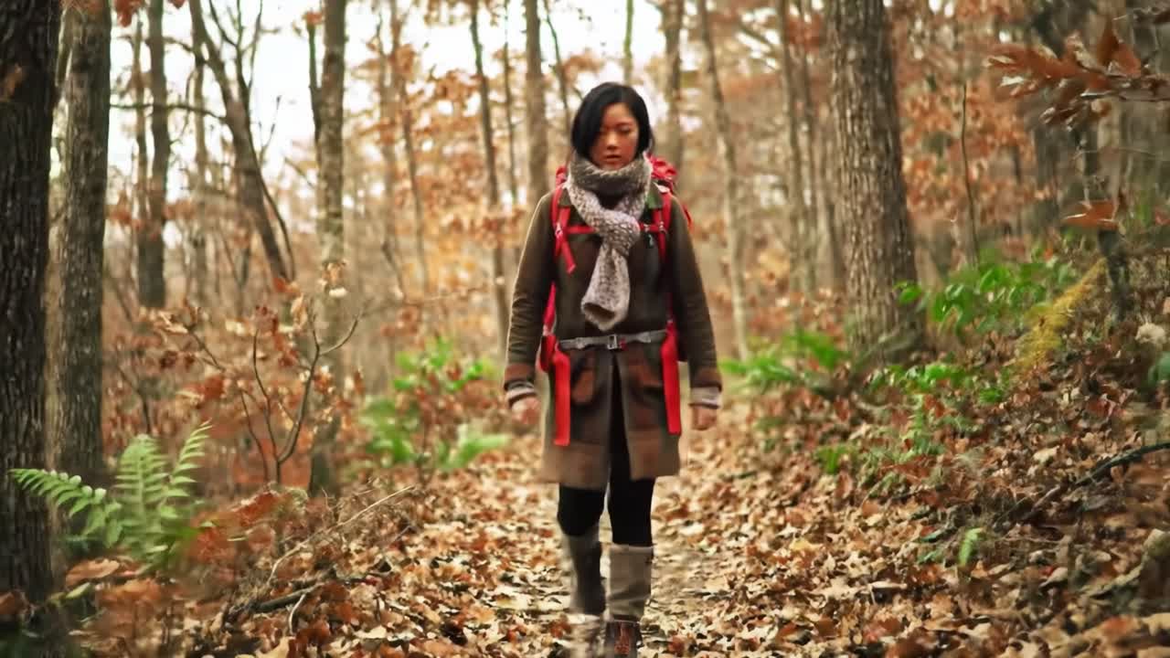 A woman with a backpack walks along a peaceful forest trail in autumn. The vibrant leaves create a stunning backdrop as she enjoys nature, showcasing the beauty of the season.
